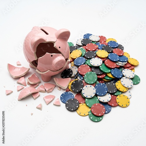 Broken Piggy Bank and Gambling Chips: A shattered pink piggy bank lies beside a pile of colorful gambling chips, symbolizing financial loss and the risks associated with gambling.