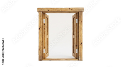 The rustic wooden window frame is open wide indoors.