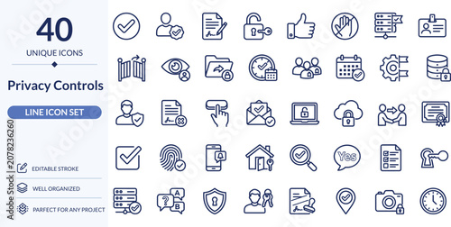 Privacy Controls Line Icons, 40 Editable Stroke Vector Icons for Data Security, Cybersecurity and Protection
