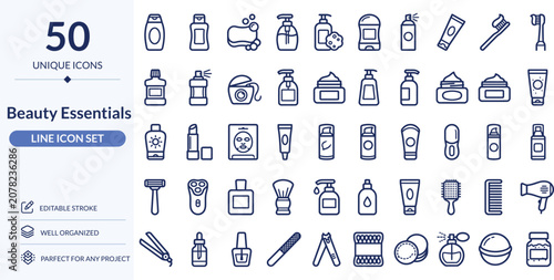 Beauty Essentials Line Icons, 50 Editable Stroke Vector Icons for Cosmetics, Skincare and Personal Care