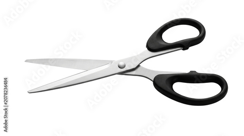 A pair of black handled scissors on a white background