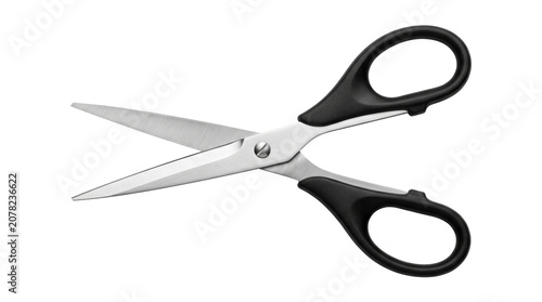 A pair of black-handled scissors lies open on a surface.
