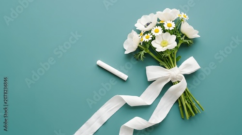 White flowers bouquet with ribbon and chalk on teal background