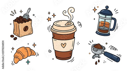 Coffee and pastry collection hand drawn illustration for cafes and breakfast themes