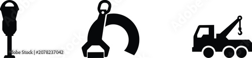 Obraz na płótnie Towing and parking enforcement icons set featuring a meter, a heavy-duty wheel c