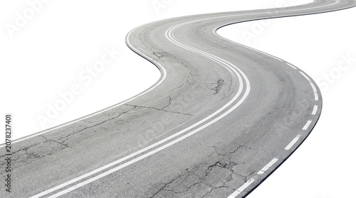 A winding road curves through a vast landscape with a highway and markings.