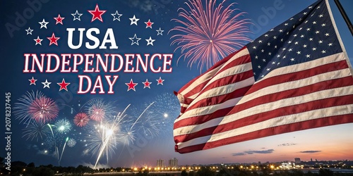 USA Independence Day celebration poster with fireworks flag and patriotic symbols