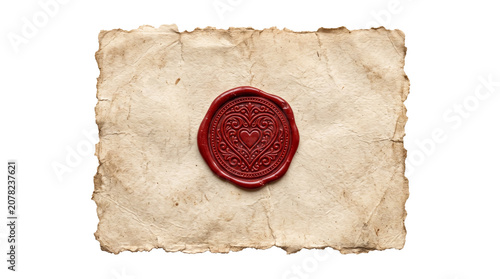 Sealed letter on old parchment with red wax stamp closeup