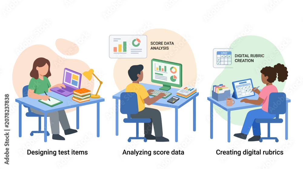 Obraz na plátně Education concept: Designing tests, analyzing data, creating rubrics for learning