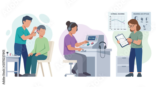 Audiology Clinic Scene: Hearing Test, Hearing Aid Fitting, and Consultation