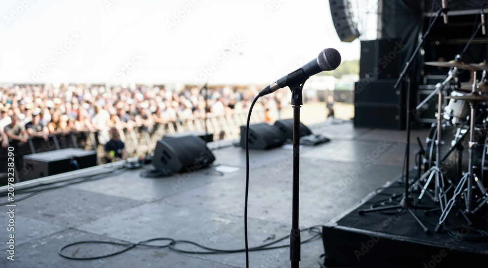 Obraz premium Microphone on a stand on an outdoor concert stage facing a blurred crowd. Live music festival and summer entertainment concept