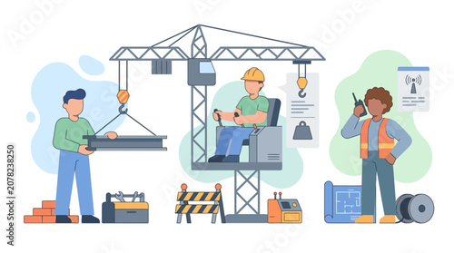 Photos Construction site with crane operator, builder, and foreman with blueprint and radio