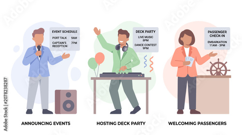 Foto Event planning, DJ deck party, and passenger check-in at a cruise ship or event venue