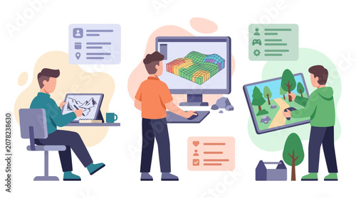 3D modeling and game design concepts, digital creation process, illustration