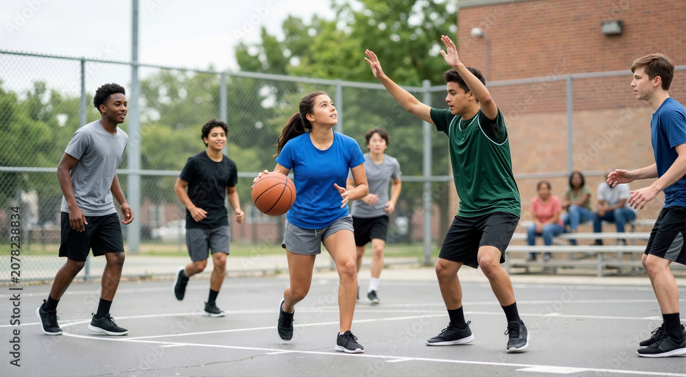 Obraz premium Diverse teenagers playing basketball on an outdoor court. Young woman dribbling ball while defended by a boy during a game. International Youth Day concept