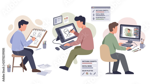 Graphic designer working on illustration, digital art, and character design using tablet and computer.
