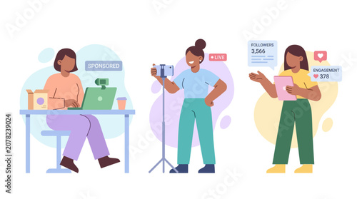 Diverse women creating online content, streaming, vlogging, and presenting digitally.