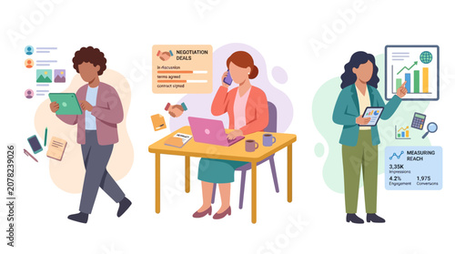 Businesswomen working, analyzing data, and communicating in office settings.