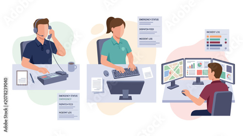 Emergency dispatchers coordinating operations on phones and computers