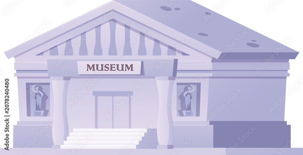 Obraz premium A museum building with columns, statues in niches, a sign, and a staircase.