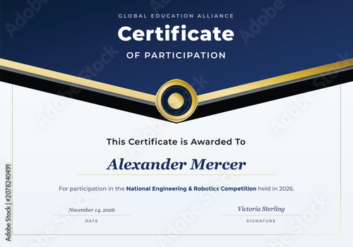 Certificate of participation award template with dark blue and gold chevron border certificate participation business
