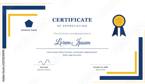 Professional certificate template with blue and gold geometric corner design elements certificate template business