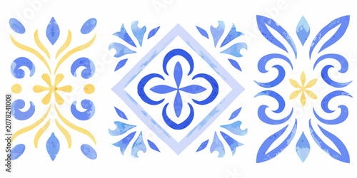 Foto Blue and yellow floral ornament in a watercolor azulejo tile pattern