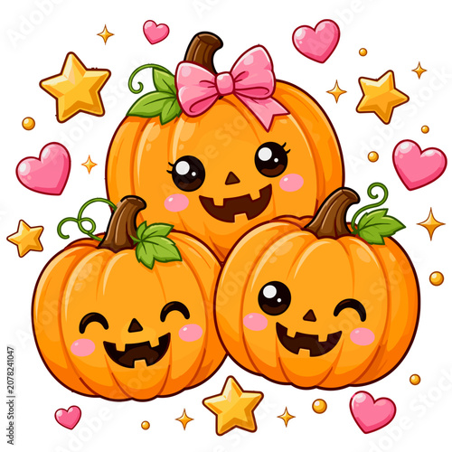 Cute Halloween Jack O Lantern Pumpkins With Hearts And Gold Stars Vector on Transparent Background