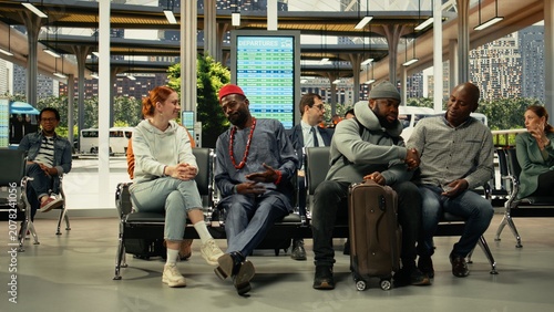 Fényképezés Diverse men travelers in modern station hall waiting for interstate departures, Group of passengers carrying baggage and carry-on bags review route schedule and timetable, long-haul travel