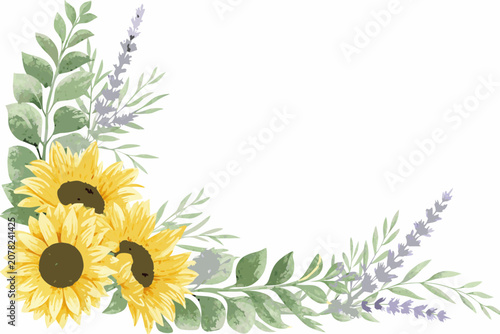 Foto Watercolor Sunflower And Lavender Corner Arrangement With Green Foliage floral