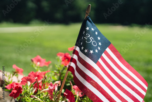 250th Fourth of July USA flag outdoors in a front yard