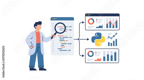 Data analysis with Python, scientist examining code and charts, digital illustration
