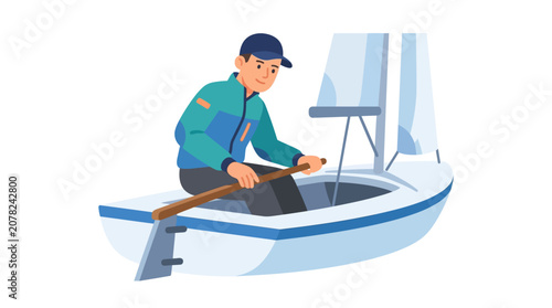 Man rowing small sailboat, enjoying outdoor water sport, cartoon style
