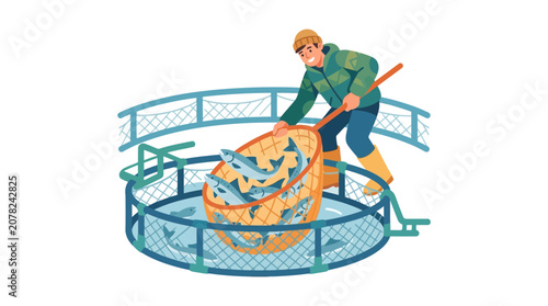Fisherman harvesting fish from aquaculture net pen with a scoop net, successful catch