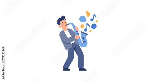 Man playing saxophone with musical notes flying out, flat illustration