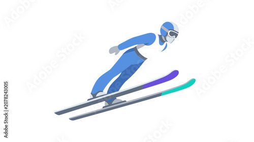 Fotografie Ski Jumper in Mid-Air, Blue Suit, Winter Sports Action