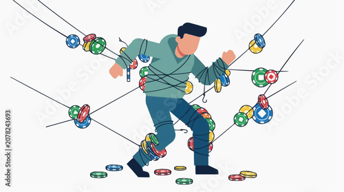 Trapped by Temptation: A man ensnared by colorful strings adorned with gambling chips, symbolizing the struggle against addiction and the lure of chance.
