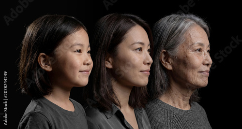 Side view profile of three generations of Japanese women