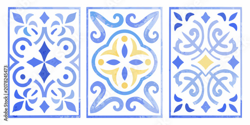 Foto Watercolor floral ornament tile set in shades of blue and yellow