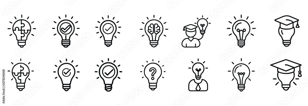 Fototapeta premium Academic inspiration line icons set, genius mindset, creative logic bulb, student knowledge innovation & more vector illustration with editable stroke.
