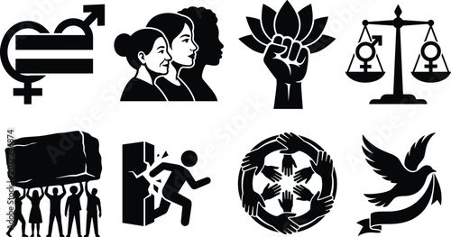 Tableau sur toile Gender Equality Women Empowerment and Human Rights Silhouette Icon Set for Socia