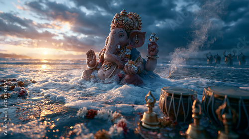 Close up view of Lord Ganesha's blessing hand raised above foaming ocean water during a ritual immersion