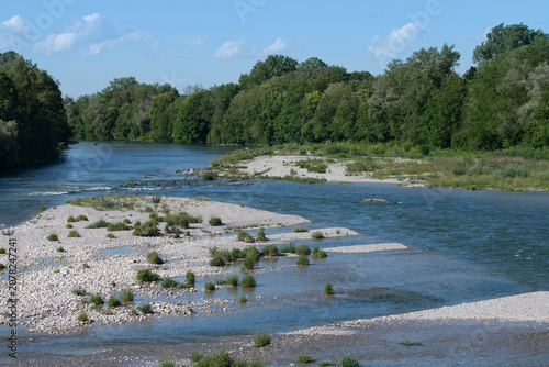 A scenic shot of a river flowing through a forest. Gravel banks and tufts of grass can be seen in the river.