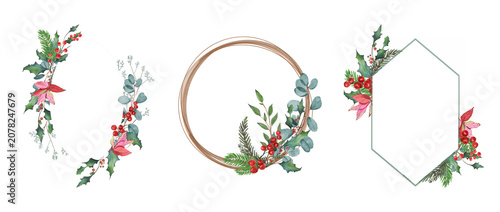 Quadro su tela set of frames christmas frame with holly berries decorate leaf hand drawn illust