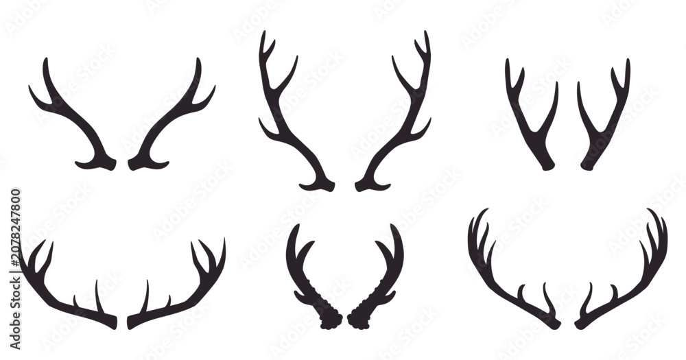 Naklejka premium Deer antlers collection. Different stag antler silhouettes flat vector illustration set. Hunting trophy design elements isolated on white background