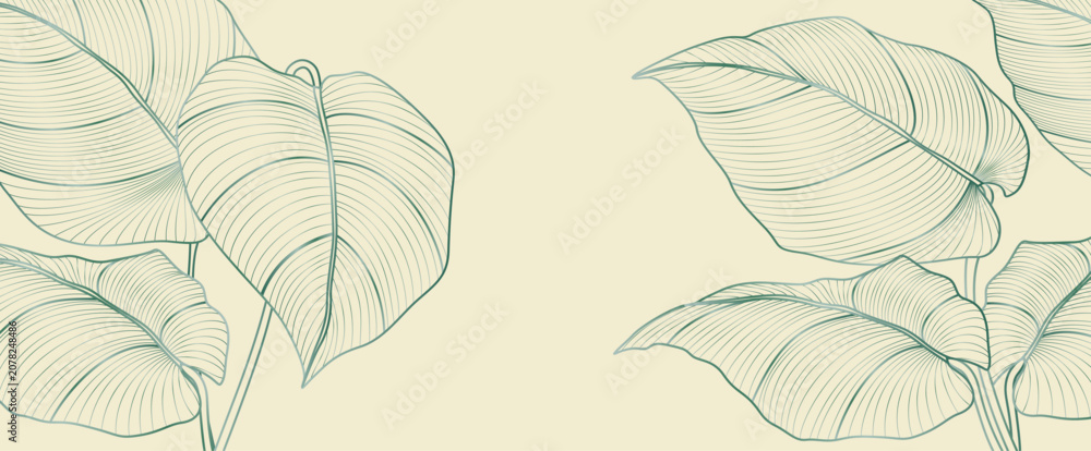 Naklejka premium luxury botanical art background with exotic leaves in a hand-drawn line style. Tropical banner for decor, prints, textiles, packaging, wallpaper, and interiors.