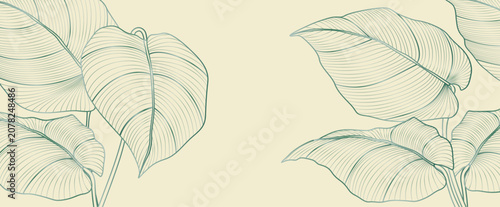 Photos luxury botanical art background with exotic leaves in a hand-drawn line style