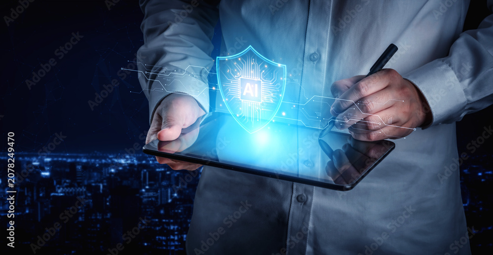 Fototapeta premium AI cybersecurity safeguards systems with encryption, access control, and AI secure data flow. Futuristic cyber security featuring AI digital shield, zero trust and AI threat detection system. Corpus