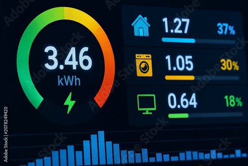 Digital display shows energy consumption per appliance. Electricity usage tracked in real time via vibrant interface. Household devices monitored with precise kilowatt-hour readings