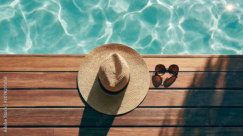 Obraz premium Overhead view of a straw hat and sunglasses on a wooden deck by a pool